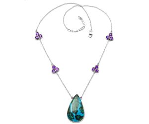 Azurite In Malachite and Amethyst Necklace SDN1721 N-1004, 21x34 mm