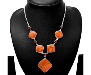 Red Sponge Coral and Garnet Necklace SDN1798 N-1022, 23x23 mm
