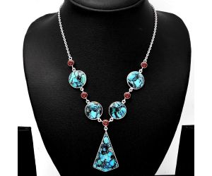 Lucky Charm Tibetan Turquoise and Garnet Necklace SDN1815 N-1022, 22x35 mm