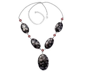 Black Flower Fossil Coral and Garnet Necklace SDN1818 N-1022, 23x36 mm