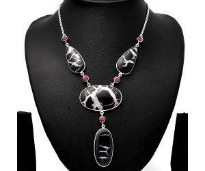 Black Septarian and Garnet Necklace SDN1831 N-1023, 24x39 mm