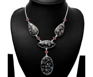 Black Flower Fossil Coral and Garnet Necklace SDN1834 N-1023, 24x37 mm