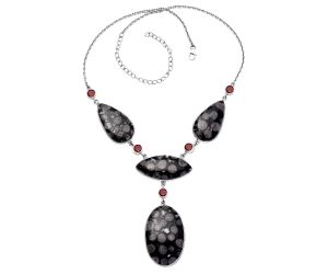Black Flower Fossil Coral and Garnet Necklace SDN1834 N-1023, 24x37 mm