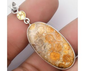 Natural Flower Fossil Coral & Citrine Pendant SDP105462 P-1098, 18x33 mm