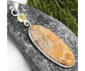 Natural Flower Fossil Coral & Citrine Pendant SDP105462 P-1098, 18x33 mm