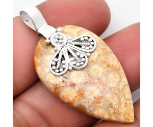 Natural Flower Fossil Coral Pendant SDP107627 P-1469, 22x37 mm