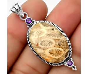 Natural Flower Fossil Coral & Amethyst Pendant SDP114413 P-1023, 16x23 mm