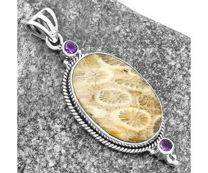 Natural Flower Fossil Coral & Amethyst Pendant SDP114413 P-1023, 16x23 mm