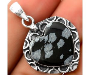 Valentine Gift Heart Natural Snow Flake Obsidian Pendant SDP114697 P-1242, 18x19 mm