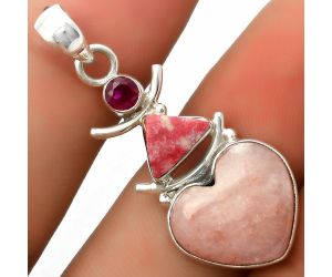 Valentine Gift Heart Pink Scolecite, Pink Thulite & Garnet Pendant SDP114802 P-1593, 14x16 mm