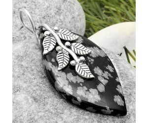 Leaves - Natural Snow Flake Obsidian Pendant SDP117275 P-1291, 12x40 mm