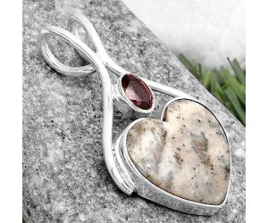 Valentine Gift Heart Natural Dendrite Agate & Garnet Pendant SDP120634 P-1038, 17x17 mm