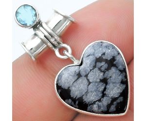 Valentine Gift Heart Snow Flake Obsidian & Sky Blue Topaz Pendant SDP127109 P-1337, 17x17 mm
