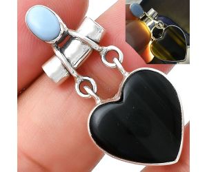 Valentine Gift Heart Black Lace Obsidian & Owyhee Opal Pendant SDP127654 P-1276, 17x17 mm