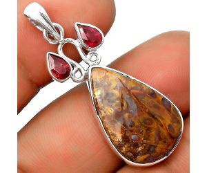 Natural Palm Root Fossil Agate & Garnet Pendant SDP135592 P-1083, 15x23 mm