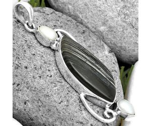Natural Silver Leaf Obsidian & Pearl Pendant SDP135608 P-1061, 13x28 mm