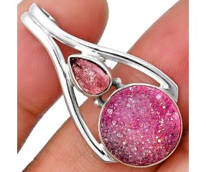 Pink Agate Druzy and Pink Tourmaline Rough Pendant SDP137568, 13x13 mm