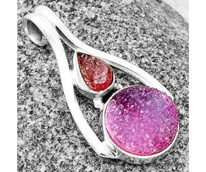 Pink Agate Druzy and Pink Tourmaline Rough Pendant SDP137570, 11x11 mm