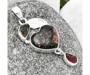Heart Rhodonite, Herkimer Diamond & Pink Tourmaline Rough Pendant SDP137715, 15x17 mm