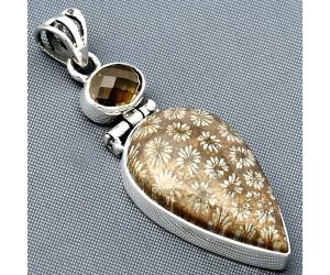 Flower Fossil Coral and Smoky Quartz Pendant SDP137984 P-1108, 15x25 mm