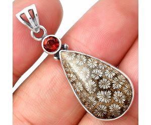 Flower Fossil Coral and Garnet Pendant SDP138152 P-1077, 14x23 mm