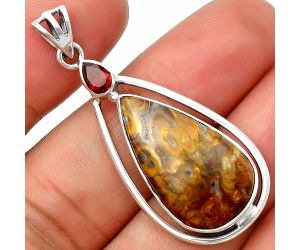 Palm Root Fossil Agate and Garnet Pendant SDP139205 P-1005, 14x26 mm