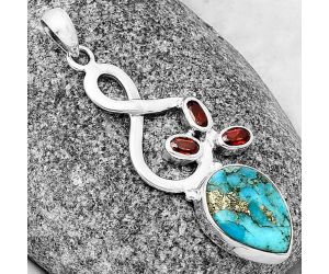 Kingman Turquoise With Pyrite and Garnet Pendant SDP139385 P-1118, 12x16 mm