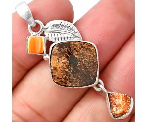 Bronzite, Natural Spiny Oyster Shell & Sunstone Rough Pendant SDP141243 P-1414, 14x14 mm