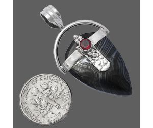 Crown Of Silver Psilomelane - Black Malachite and Garnet Pendant SDP141671 P-1723, 17x26 mm
