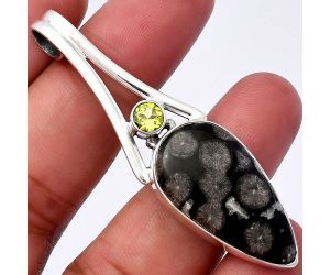 Black Flower Fossil Coral and Peridot Pendant SDP142978 P-1006, 15x29 mm