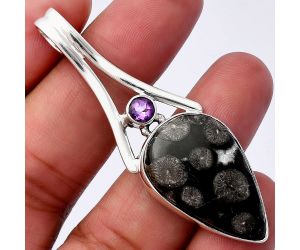 Black Flower Fossil Coral and Amethyst Pendant SDP142982 P-1006, 18x28 mm