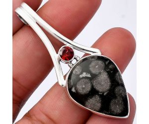 Black Flower Fossil Coral and Garnet Pendant SDP142983 P-1006, 19x25 mm