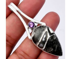 Mexican Cabbing Fossil and Amethyst Pendant SDP142987 P-1006, 18x31 mm