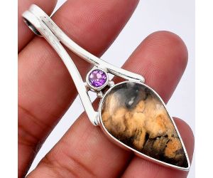 Rose Plume Agate and Amethyst Pendant SDP142991 P-1006, 16x28 mm