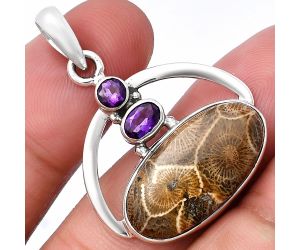 Flower Fossil Coral and Amethyst Pendant SDP143073 P-1129, 12x23 mm
