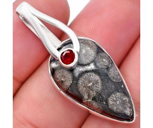 Black Flower Fossil Coral and Garnet Pendant SDP144295 P-1251, 15x25 mm