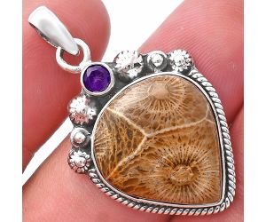 Flower Fossil Coral and Amethyst Pendant SDP144368 P-1482, 18x20 mm
