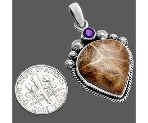 Flower Fossil Coral and Amethyst Pendant SDP144368 P-1482, 18x20 mm