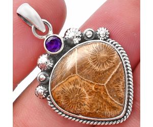 Flower Fossil Coral and Amethyst Pendant SDP144385 P-1482, 19x19 mm