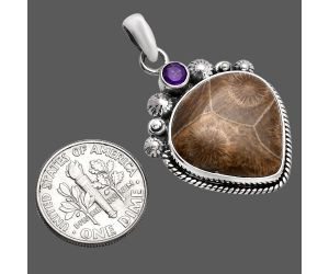 Flower Fossil Coral and Amethyst Pendant SDP144385 P-1482, 19x19 mm
