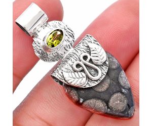 Black Flower Fossil Coral and Peridot Pendant SDP144518 P-1545, 17x22 mm