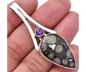 Black Flower Fossil Coral and Amethyst Pendant SDP144667 P-1006, 17x27 mm
