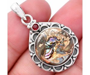 Copper Abalone Shell and Garnet Pendant SDP145068 P-1080, 16x16 mm