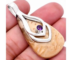 Palm Root Fossil Agate and Amethyst Pendant SDP145107 P-1562, 23x39 mm