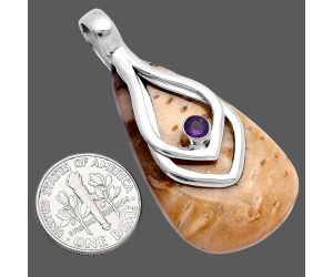 Palm Root Fossil Agate and Amethyst Pendant SDP145107 P-1562, 23x39 mm