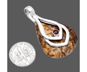 Palm Root Fossil Agate and Garnet Pendant SDP145120 P-1562, 26x33 mm