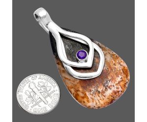 Palm Root Fossil Agate and Amethyst Pendant SDP145128 P-1562, 25x42 mm