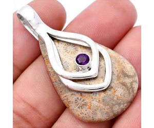 Flower Fossil Coral and Amethyst Pendant SDP145135 P-1562, 23x36 mm