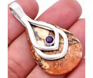 Palm Root Fossil Agate and Amethyst Pendant SDP145143 P-1562, 24x34 mm