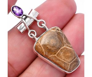 Flower Fossil Coral and Amethyst Pendant SDP145198 P-1276, 15x22 mm